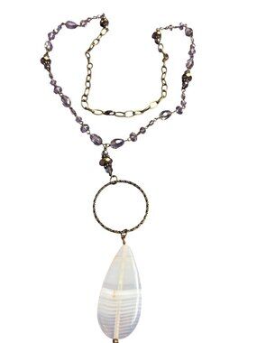 Faceted Glass Beaded Antiqued Goldtone Chain Necklace Banded Agate Teardrop